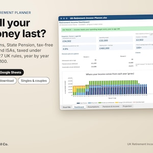 May include: A digital UK Retirement Planner dashboard displayed on a screen, featuring financial data, income projections, and a bar chart titled Where your income comes from each year. The interface includes tabs for Read Me, Dashboard, Assumptions, Pensions & Income, and Projection, with text stating Will your money last? and Excel + Google Sheets.
