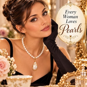 Puede incluir: Un collar de perlas blancas con un colgante en forma de lágrima envuelto en alambre dorado. La joya se muestra junto al texto Every Woman Loves Pearls, dentro de un marco ovalado con adornos decorativos y un pequeño corazón.