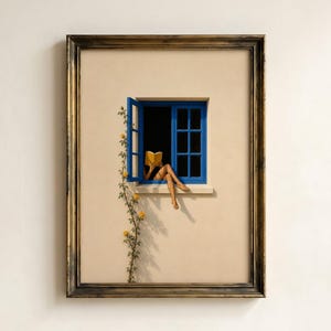 May include: A framed wall art print featuring a beige wall with a bright blue window frame. A person sits in the window reading a yellow book, with their legs dangling down. A climbing vine with small yellow flowers grows up the wall beside the window.