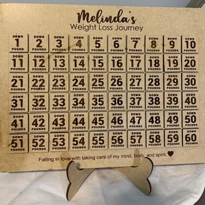 May include: A wooden weight loss tracker with a brown background and a bone-shaped stand. The tracker has a grid of 60 squares, each with a number from 1 to 60 and the words "Down" and "Pounds". The tracker is personalized with the name "Melinda's" and the text "Weight Loss Journey". The tracker also includes the text "Falling in love with taking care of my mind, body, and spirit."