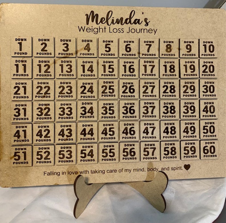 May include: A wooden weight loss tracker with a brown background and a bone-shaped stand. The tracker has a grid of 60 squares, each with a number from 1 to 60 and the words "Down" and "Pounds". The tracker is personalized with the name "Melinda's" and the text "Weight Loss Journey". The tracker also includes the text "Falling in love with taking care of my mind, body, and spirit."
