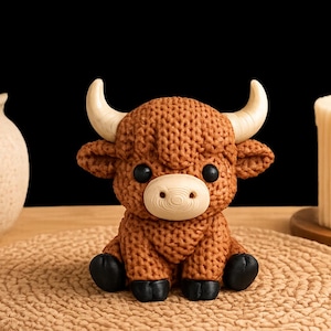 May include: A brown bull figurine with a textured, knit-like surface, featuring smooth cream-colored horns and a matching muzzle. The bull has two round black eyes and four black hooves, depicted in a seated position with a rounded, compact body shape.