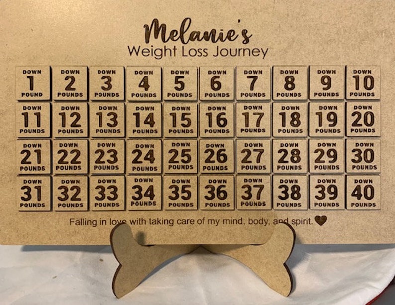 May include: A wooden weight loss tracker with a heart at the bottom. The tracker has 40 squares, each with the text "Down" and a number from 1 to 40, followed by the word "Pounds". The text "Melanie's Weight Loss Journey" is at the top of the tracker. The text "Falling in love with taking care of my mind, body, and spirit." is below the squares.