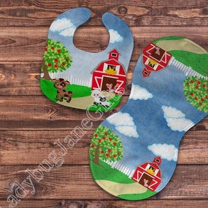 Baby Farm Scene Gift for Girl or Boy  -  Bib, Burp or Set Baby Farm Scene