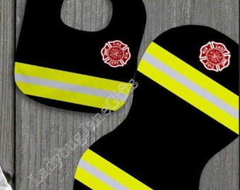 Baby Firefighter Gift for Girl or Boy  -  Bib, Burp or Set Baby Firefighter