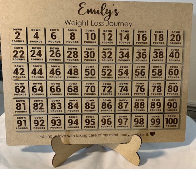 May include: A wooden weight loss tracker with a bone-shaped stand. The tracker has a grid of squares with numbers from 2 to 100, representing pounds lost. The text "Emily's Weight Loss Journey" is at the top, and the text "Falling in love with taking care of my mind, body, and spirit." is at the bottom.