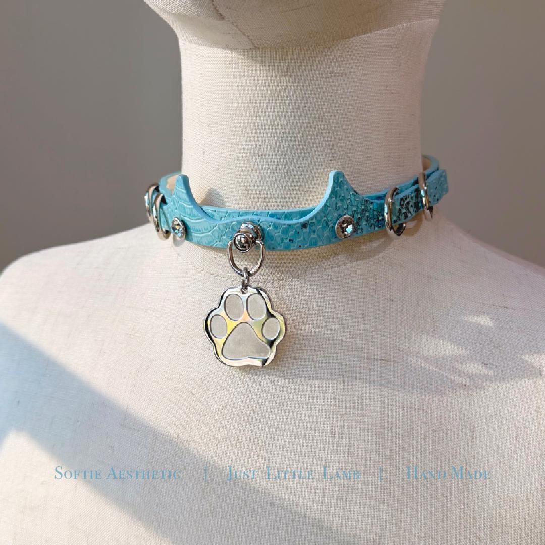 Blue Puppy Collar With Paw Charm – Cute Adjustable Pet Play Choker, Crocodile Texture Collar, Silver Hardware, Cosplay & Roleplay Accessory - Etsy