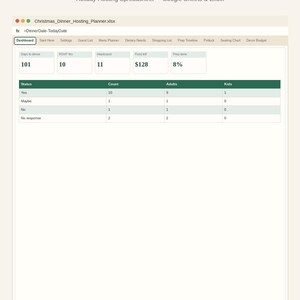 Op de afbeelding: Een digitale kerstdinerplanner-spreadsheet voor Google Sheets en Excel. De interface toont een dashboard met tabbladen voor gastenlijsten, menuplanning en zitplannen. Het bevat een tabel voor het bijhouden van RSVP-status en de voortgang van de voorbereiding.