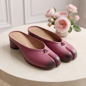 Pink Leather Tabi Mules, Split-Toe Heeled Shoes, Japanese Inspired Footwear
