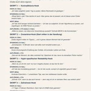 K&ouml;nnte beinhalten: Eine Dokumentenseite mit dem Titel Von Hook zu ganzem Reel, die vier strukturierte Videoskript-Vorlagen auf Deutsch enth&auml;lt. Der Text beschreibt spezifische Abschnitte f&uuml;r Hook, Spannung, Wert und Aufl&ouml;sung f&uuml;r die Inhaltserstellung.