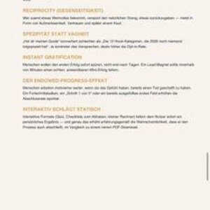 K&ouml;nnte beinhalten: Eine Textseite mit der &Uuml;berschrift Lead-Magnet-Trigger, die 2026 wirklich konvertieren. Der Inhalt beschreibt Marketingprinzipien wie Reziprozit&auml;t, Spezifit&auml;t, sofortige Befriedigung, den Endowed-Progress-Effekt und Interaktivit&auml;t.