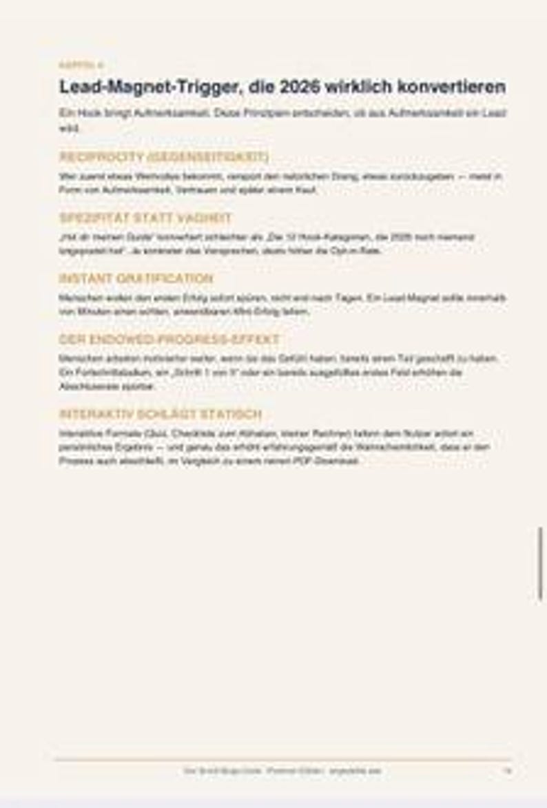 K&ouml;nnte beinhalten: Eine Textseite mit der &Uuml;berschrift Lead-Magnet-Trigger, die 2026 wirklich konvertieren. Der Inhalt beschreibt Marketingprinzipien wie Reziprozit&auml;t, Spezifit&auml;t, sofortige Befriedigung, den Endowed-Progress-Effekt und Interaktivit&auml;t.