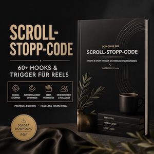 Könnte beinhalten: Ein schwarzes Buch mit dem Titel SCROLL-STOPP-CODE in goldener Schrift, das 60+ Hooks und Trigger für Reels enthält. Das Cover zeigt Untertitel wie Premium Edition und Faceless Marketing. Daneben stehen eine schwarze Tasse und drei Bücher.