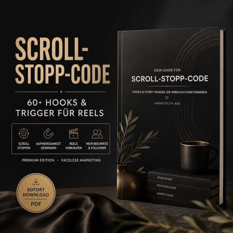 K&ouml;nnte beinhalten: Ein schwarzes Buch mit dem Titel SCROLL-STOPP-CODE in goldener Schrift, das 60+ Hooks und Trigger f&uuml;r Reels enth&auml;lt. Das Cover zeigt Untertitel wie Premium Edition und Faceless Marketing. Daneben stehen eine schwarze Tasse und drei B&uuml;cher.
