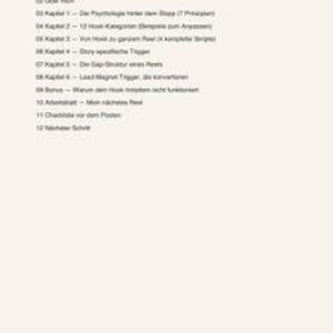 K&ouml;nnte beinhalten: Eine Inhaltsverzeichnis-Seite mit der &Uuml;berschrift Inhaltsverzeichnis, die zw&ouml;lf Kapitel auflistet, darunter Themen wie Hook-Psychologie, Reel-Kategorien, Story-Trigger, Gap-Strukturen, Lead-Magnet-Trigger und eine Checkliste vor dem Posten.