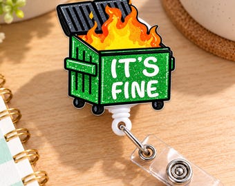 Portatarjetas retráctil con diseño de incendio en un contenedor de basura, divertido portatarjetas de identificación de enfermera, humor sarcástico laboral, clip retráctil de acrílico con purpurina, regalo para compañeros de trabajo