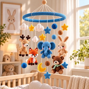May include: A hanging nursery mobile featuring a blue crocheted ring with dangling handmade yarn figures including a brown deer, an orange fox, a blue elephant, a brown bear, and a tan rabbit, interspersed with yellow stars, a moon, and white clouds.