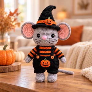 Häkelanleitung für eine Halloween-Maus (Amigurumi) – Stoffmauspuppe mit Hexenhut und Kürbisoverall, handgefertigtes Herbstgeschenk
