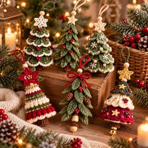 May include: Six handcrafted crochet Christmas tree ornaments featuring various designs, including green foliage, red berries, white snowflakes, and gold stars. Each ornament is topped with a hanging loop and wooden beads, showcasing intricate yarn textures.
