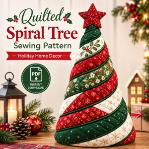 Könnte beinhalten: Ein Näh-Schnittmuster für einen gesteppten Spiralbaum aus rotem, grünem und weißem Stoff mit goldenen Schneeflocken- und Stechpalmenmustern. Der kegelförmige Baum hat einen roten, gesteppten Stern als Spitze. Text: Quilted Spiral Tree Sewing Pattern.