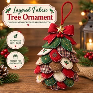Op de afbeelding: Een gelaagde stoffen boomornament met een gewatteerd patchworkontwerp van rode, groene en crèmekleurige stoffen blaadjes. Het bevat een rode stoffen strik, een gouden steraccent en een rood ophangkoord. Tekst: Layered Fabric Tree Ornament.