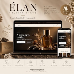 Könnte beinhalten: Ein Laptop und ein Smartphone mit dem Elan Shopify-Theme für Duftmarken. Der Bildschirm zeigt einen Parfümflakon, Trockenblumen und den Text A signature, bottled. Das Layout umfasst Navigationsmenüs, Schaltflächen und Produktbilder.