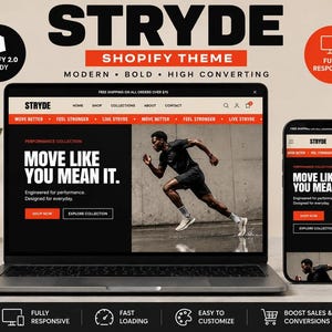 May include: A laptop and a smartphone displaying the Stryde Shopify theme. The screen shows a website with a black and orange color scheme, featuring a runner, the text "MOVE LIKE YOU MEAN IT," and navigation menus for a performance collection.