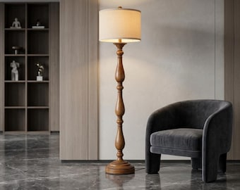 Vintage Farmhouse Floor Lamp, Rustic Resin Standing Lamp, White Linen Shade, Wood Grain Finish, Rotary Switch for Living Room Bedroom