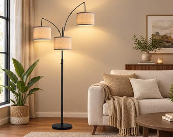 Dimmable 3 Light Arc Floor Lamp, Matte Black Tree Standing Lamp with Beige Linen Shades, 360 Rotating Arms, 3 LED Bulbs for Living Room