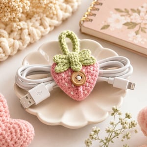 May include: A pink crocheted strawberry cable organizer with a light green stem and leaf top, featuring a small brown wooden button at the center. The strawberry is wrapped around a white USB charging cable, resting on a scalloped white ceramic dish.
