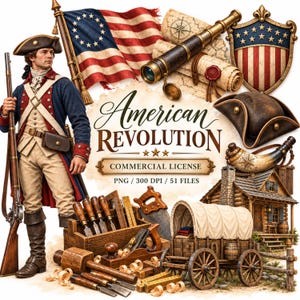 May include: A digital graphic featuring a soldier in 18th-century uniform holding a musket, an American flag, a telescope, a shield, a tricorn hat, a powder horn, a log cabin, a covered wagon, and woodworking tools with text American Revolution.
