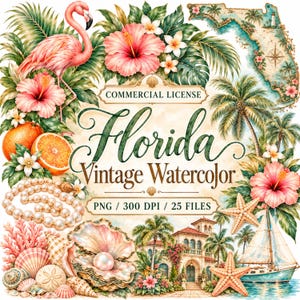 May include: A digital graphic collection featuring watercolour illustrations of a pink flamingo, hibiscus flowers, orange slices, a pearl necklace, seashells, a sailboat, and a Florida map with the text Commercial License Florida Vintage Watercolour.