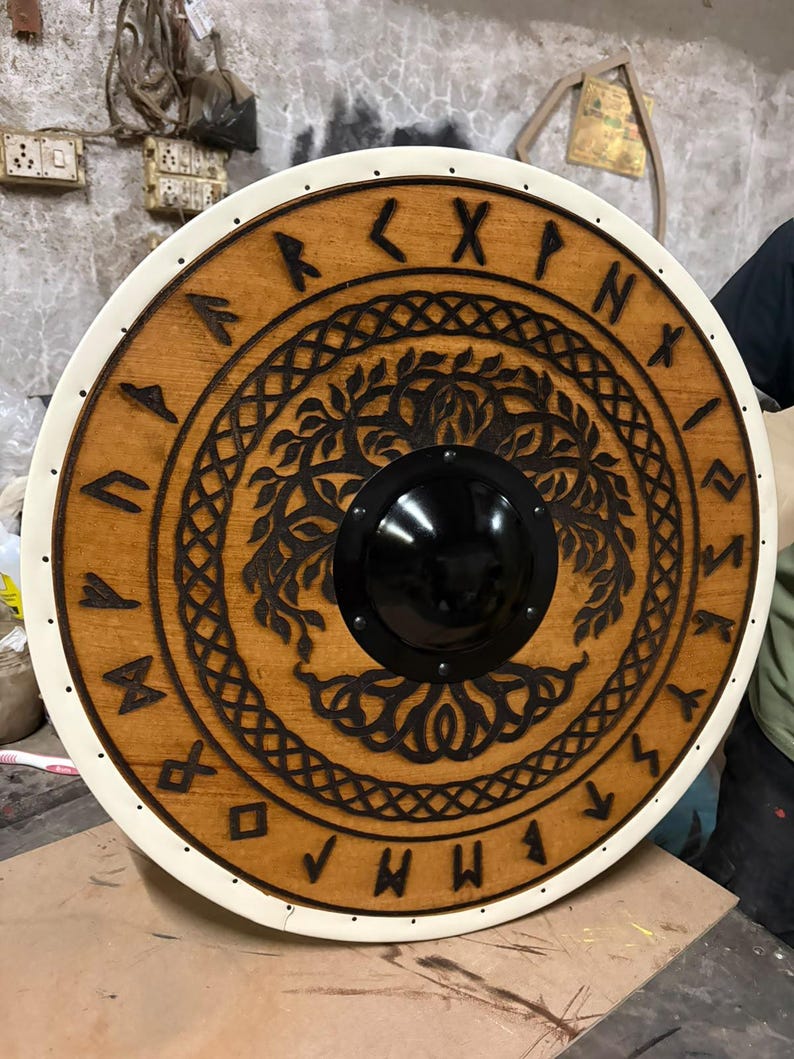 Wooden Rune Buy Handcrafted Wooden Viking Round Shield Carved Rune Tree of Life ...