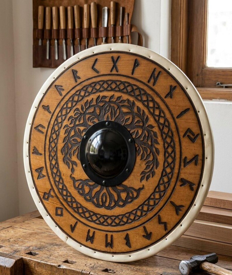 Wooden Rune Buy Handcrafted Wooden Viking Round Shield Carved Rune Tree of Life ...