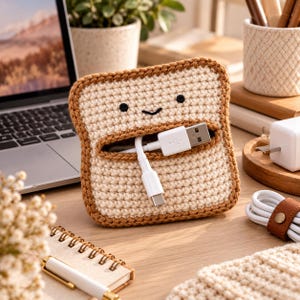 Peut inclure: Un organisateur de câbles carré en crochet en forme de tranche de pain, avec un centre beige clair et une bordure de croûte marron foncé. Il présente deux petits yeux noirs brodés et un sourire noir simple, avec un câble de charge USB blanc.