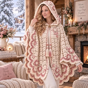 Puede incluir: Una capa con capucha de ganchillo en color crema con intrincados motivos florales en tonos rosa empolvado. La prenda incluye un dobladillo festoneado, un cierre de botón de madera en el cuello y dos borlas largas con cuentas de madera crema y rosa.