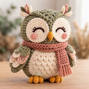 Op de afbeelding: Een gehaakt uil knuffeltje van olijfgroen en crèmekleurig garen. De uil heeft gesloten ogen met donkere wimpers, een gele snavel en roze wangen. Het draagt een oudroze sjaal met franjes en heeft crèmekleurige en roze oorpluimpjes.
