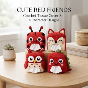 Puede incluir: Un conjunto de cuatro fundas de ganchillo para cajas de pañuelos con diseños de personajes que incluyen una mariquita, un zorro, un búho y un dinosaurio. El texto CUTE RED FRIENDS Crochet Tissue Cover Set 4 Character Designs aparece arriba.