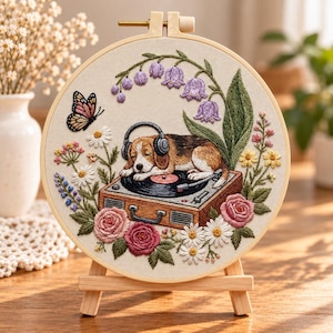 Sleeping Beagle Embroidery Kit for Beginners, Dog on Vintage Record Player, Lily of the Valley & Roses Hoop Art, Dog Lover Gift