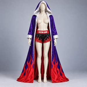 Women’s Satin Boxing Robe and Shorts Set with Flames, Custom Name