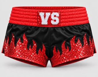 Personalized Satin Boxing Shorts, Sequin Flames, Custom Name (Muay Thai Style)