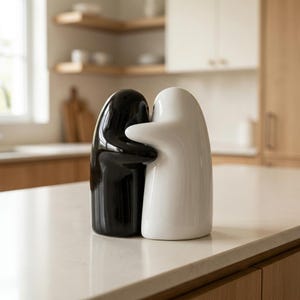Könnte beinhalten: Ein Paar glatte, glänzende Keramikfiguren in Schwarz und Weiß, geformt wie abstrakte Figuren, die sich umarmen. Die schwarze Figur befindet sich links und die weiße Figur rechts, wobei ihre Arme umeinander geschlungen sind.