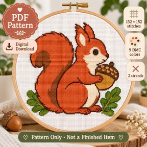 May include: A cross-stitch pattern featuring a red squirrel holding an acorn, displayed in a wooden embroidery hoop. The design includes text stating PDF Pattern, Digital Download, 152 x 152 stitches, 9 DMC colors, 2 strands, and Pattern Only - Not a Finished Item.