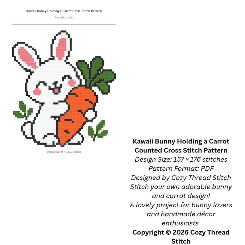 Kawaii Bunny Carrot Cross Stitch Pattern PDF, Easter Rabbit Chart ...