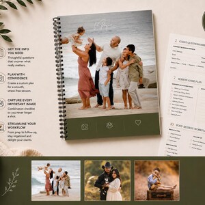 May include: A spiral-bound photography planner featuring a cover photo of a family on a beach. The planner includes sections for client questionnaires, session game plans, and post-session workflows. Three smaller photos show family portraits.