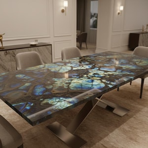 Labradorite Dining Table, Large Rectangular Gemstone Top, Modern Luxury Furniture