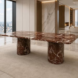 Rosso Levanto Marble Dining Table, Custom Rectangular Red Stone Top, Luxury Furniture