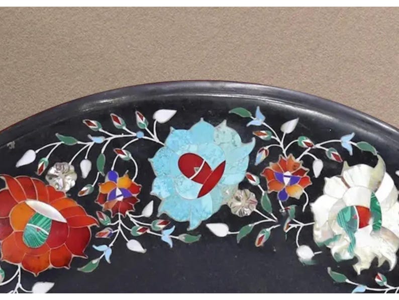 Custom Round Black Marble Coffee Table, Floral Pietra Dura Inlay ...