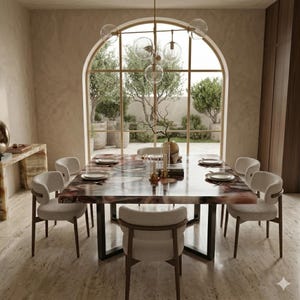 Puede incluir: Una mesa de comedor cuadrada con una superficie de piedra pulida de varios tonos y una base de metal negro, rodeada por cuatro sillas tapizadas de color crema con marcos de madera oscura, bajo una lámpara de araña moderna de cristal.