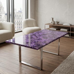 Handcrafted Amethyst Dining Table, Purple Gemstone Rectangular Top, Modern Statement Furniture